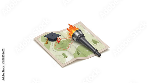 Educational Journey Map with Graduation Cap, Flaming Torch, and Destination Pin Icon.