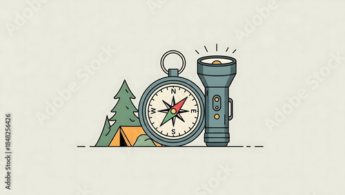 Camping and Hiking Essentials: Compass, Flashlight, Tent, and Pine Tree Illustration.