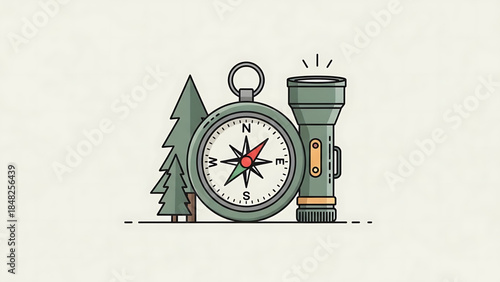 Outdoor Navigation Essentials: Compass, Flashlight, and Pine Tree for Wilderness Exploration.