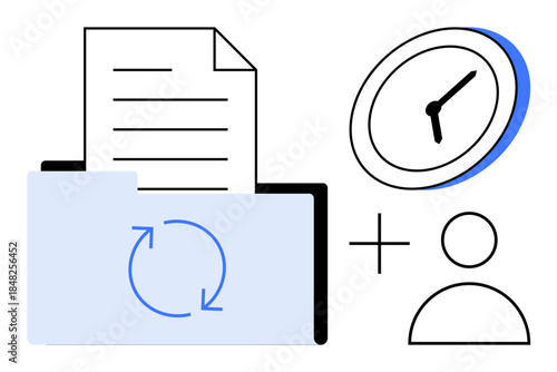 Document organization, project planning, time management, task delegation, user collaboration, workflow optimization. Folder with file, clock icon of a person. Document organization and time