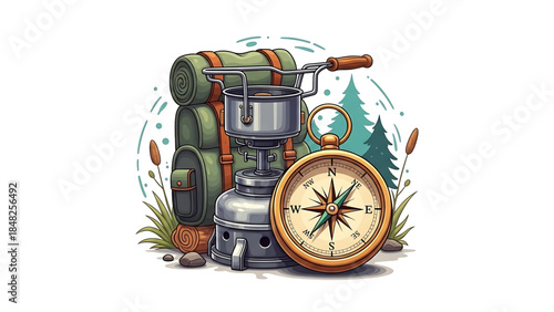 Essential Outdoor Gear: Camping Backpack, Portable Stove, and Compass for Wilderness Exploration.