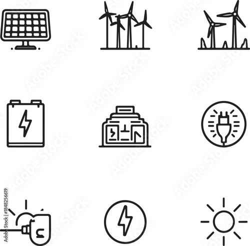 Simple line icons of renewable energy and eco-friendly technology symbols