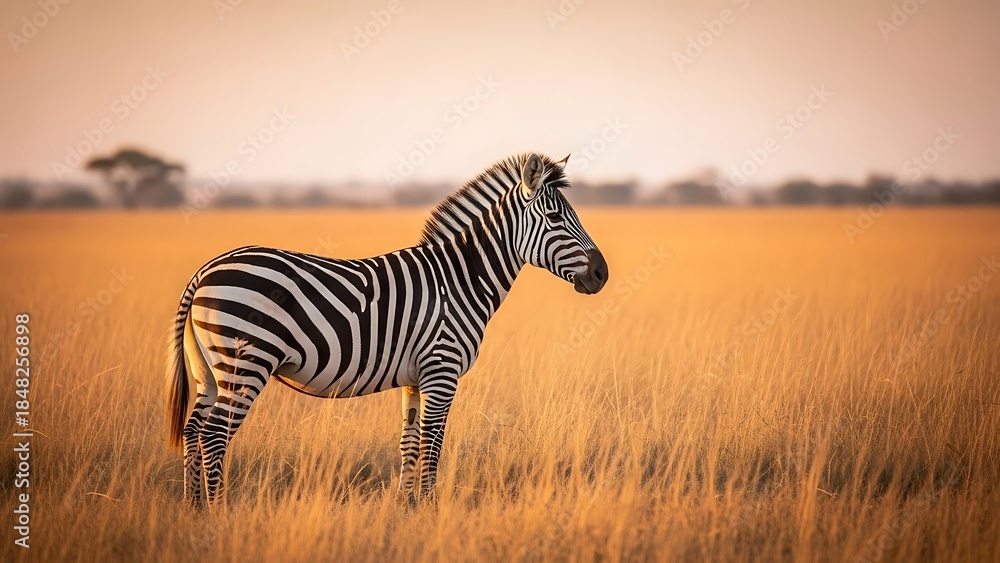 Naklejka premium Zebra Wildlife Safari Animal In Golden Grassland Savanna Sunrise Landscape