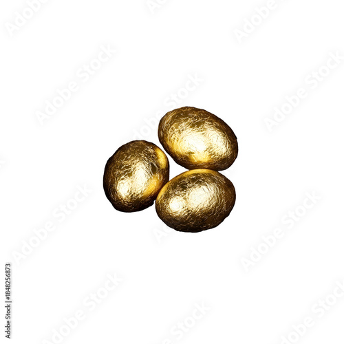 Realistic bird nest made of dry twigs with three shiny golden eggs inside natural texture detailed and sharp high resolution isolated on white background no shadow perfect for PNG exp