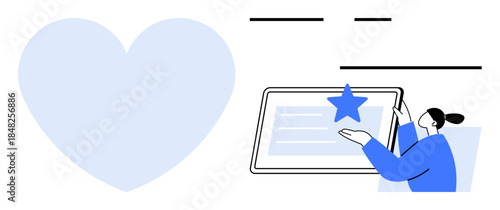 Customer feedback, user experience, digital ratings, online reviews, content evaluation, appreciation. Blue heart beside tablet with star element and user interaction. Feedback and user experience