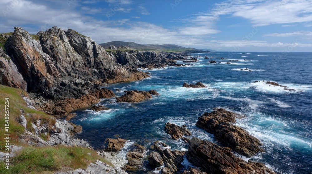 Fototapeta premium A coastal landscape featuring rugged cliffs meeting the blue ocean under a bright, partly cloudy sky. The rocky shore extends