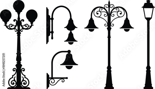Street lamp silhouette vector set, vintage lantern collection, black retro city lights, isolated iron post icons on white background.