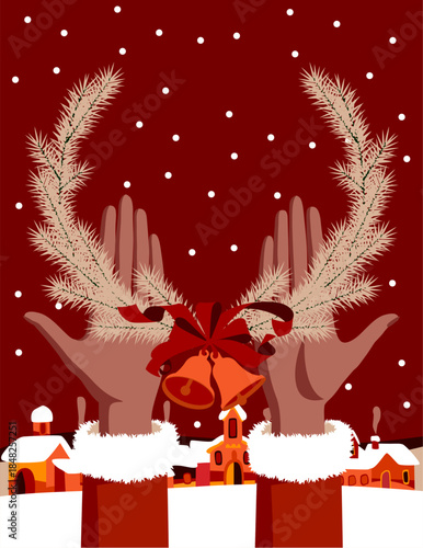 A Christmas and New Year's card with hands holding a wreath of fir tree branches with bells and ribbon against a village landscape in the snow in a funny flat style. Minimalist vector illustration