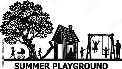 Summer playground silhouette vector illustration, kids playing on swing and slide, family leisure time in park nature background scene.