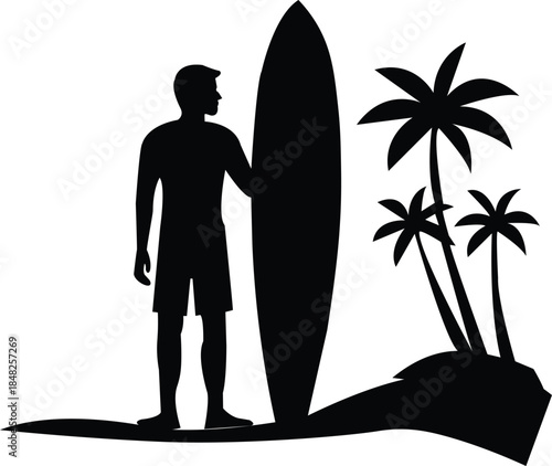  Silhouette of a surfer with surfboard and palm trees.