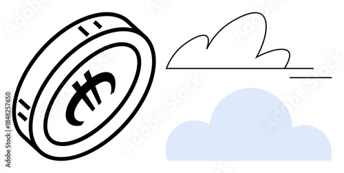 Fintech, cloud storage, digital transaction, online economy, cryptocurrency management, technology. Illustration of a coin next to a cloud. Fintech and cloud storage concept