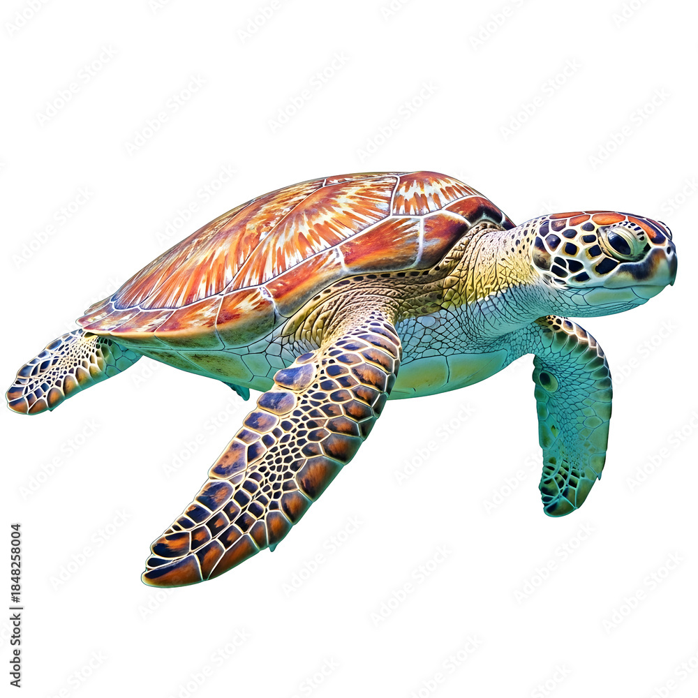 Fototapeta premium Vibrant sea turtle swimming in ocean waters with colorful shell