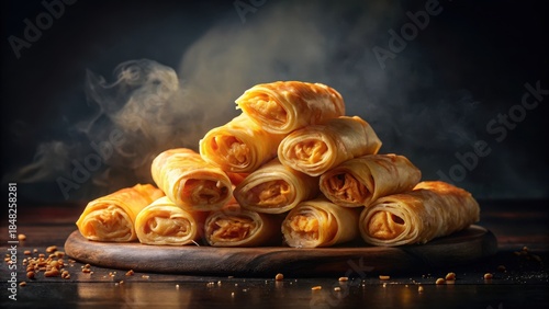 Piled high with golden brown goodness, crispy phyllo dough rolls melt into creamy cheese delight on a dark and mysterious surface