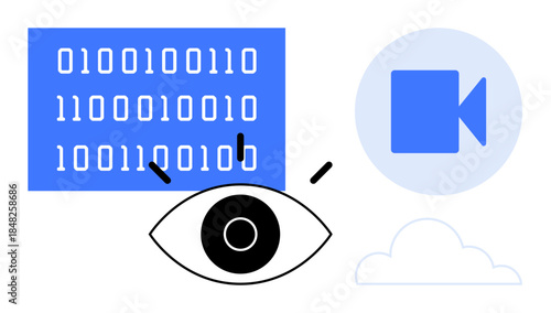 Data processing, video technology, surveillance, cloud storage, digital analysis, tech innovation. Bold black eye observes binary code, video icon and cloud. Data processing and video technology