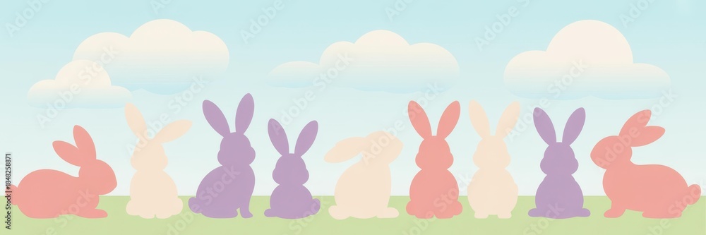 Obraz premium Pastel Easter banner — flat vector 9 bunny silhouettes on grass with copy space