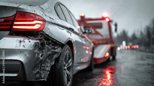 A damaged silver car being towed by a tow truck on a rainy day, lights flashing