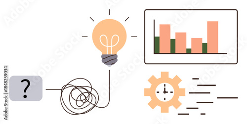 Light bulb, tangled line, question mark, bar graph, gear with clock hands symbolize problem-solving journey. Ideal for innovation, clarity, efficiency, time management strategy analysis growth