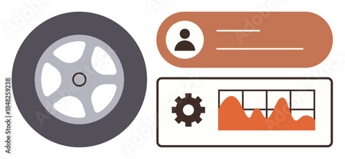 Tire, user profile, gear icon, and analytics chart highlight technology, data analysis, machinery tools, and innovation. Ideal for automotive, technology performance engineering monitoring