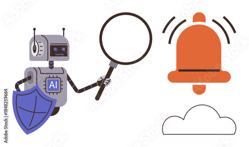 AI robot analyzing notification bell and cloud using magnifying glass alongside shield symbolizing security. Ideal for technology, cybersecurity, data analysis, machine learning, messaging, cloud