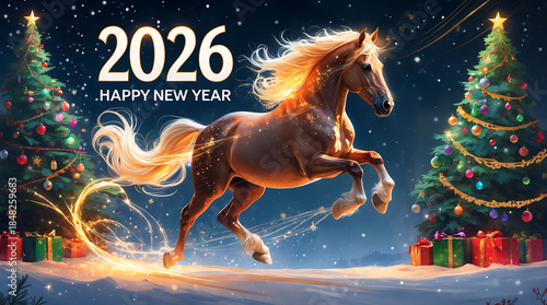 New Year's card 2026 with a horse - the symbol of the New Year