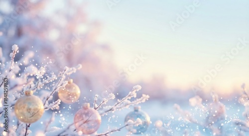Pastel Christmas ornaments hanging on snow-covered branches in a soft, dreamy winter landscape with falling snowflakes.