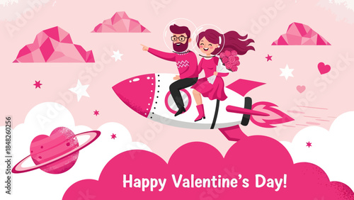 Romantic Valentine’s Day illustration of a happy couple riding a rocket through pink clouds and stars, holding flowers. Love, fantasy, and space-themed artwork perfect for greeting cards and celebrati