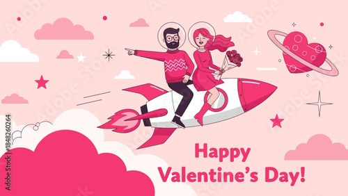 Romantic Valentine’s Day illustration of a happy couple riding a rocket through pink clouds and stars, holding flowers. Love, fantasy, and space-themed artwork perfect for greeting cards and celebrati