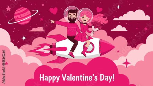 Romantic Valentine’s Day illustration of a happy couple riding a rocket through pink clouds and stars, holding flowers. Love, fantasy, and space-themed artwork perfect for greeting cards and celebrati