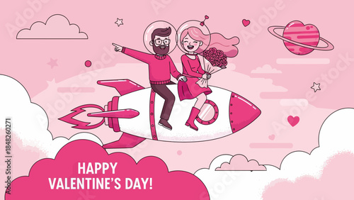 Romantic Valentine’s Day illustration of a happy couple riding a rocket through pink clouds and stars, holding flowers. Love, fantasy, and space-themed artwork perfect for greeting cards and celebrati