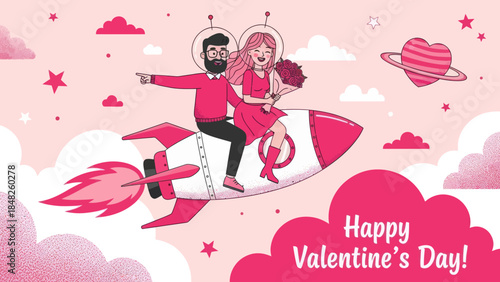 Romantic Valentine’s Day illustration of a happy couple riding a rocket through pink clouds and stars, holding flowers. Love, fantasy, and space-themed artwork perfect for greeting cards and celebrati