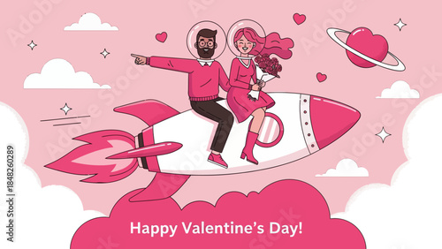 Romantic Valentine’s Day illustration of a happy couple riding a rocket through pink clouds and stars, holding flowers. Love, fantasy, and space-themed artwork perfect for greeting cards and celebrati