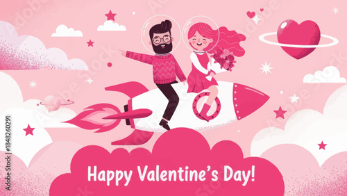 Romantic Valentine’s Day illustration of a happy couple riding a rocket through pink clouds and stars, holding flowers. Love, fantasy, and space-themed artwork perfect for greeting cards and celebrati