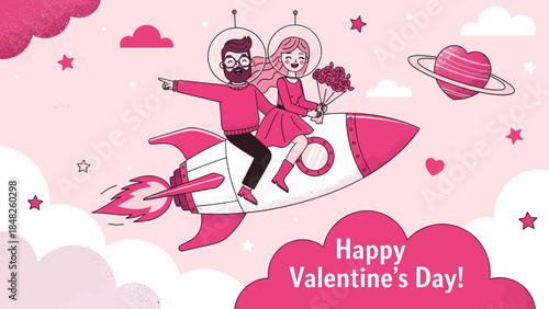 Romantic Valentine’s Day illustration of a happy couple riding a rocket through pink clouds and stars, holding flowers. Love, fantasy, and space-themed artwork perfect for greeting cards and celebrati