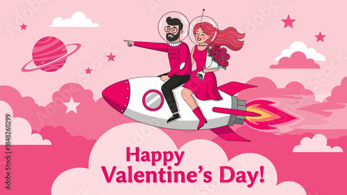 Romantic Valentine’s Day illustration of a happy couple riding a rocket through pink clouds and stars, holding flowers. Love, fantasy, and space-themed artwork perfect for greeting cards and celebrati