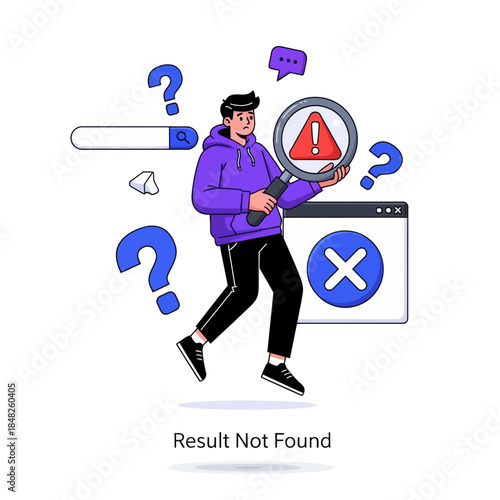 Flat illustration of a confused man holding a magnifying glass with error warning, symbolizing search failure, result not found, troubleshooting, web error, problem solving, and user experience issues