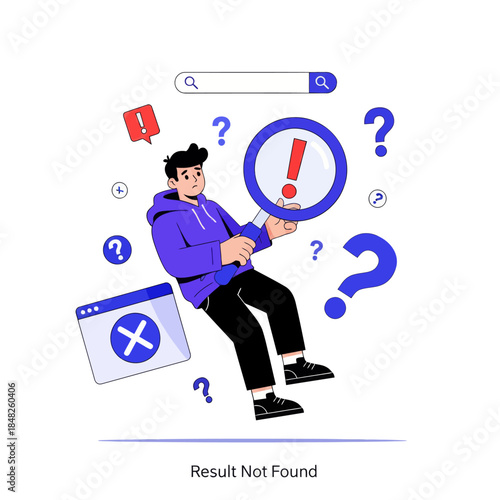 Flat illustration of a confused man holding a magnifying glass with error warning, symbolizing search failure, result not found, troubleshooting, web error, problem solving, and user experience issues