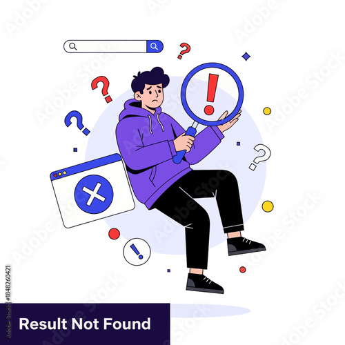 Flat illustration of a confused man holding a magnifying glass with error warning, symbolizing search failure, result not found, troubleshooting, web error, problem solving, and user experience issues