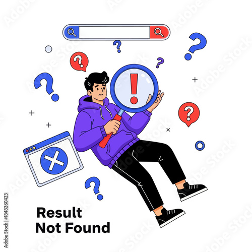 Flat illustration of a confused man holding a magnifying glass with error warning, symbolizing search failure, result not found, troubleshooting, web error, problem solving, and user experience issues