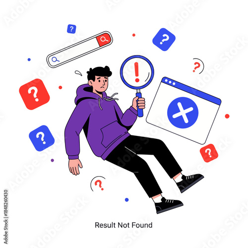 Flat illustration of a confused man holding a magnifying glass with error warning, symbolizing search failure, result not found, troubleshooting, web error, problem solving, and user experience issues