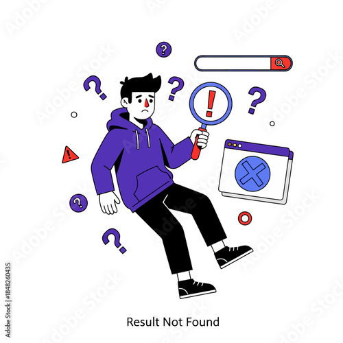 Flat illustration of a confused man holding a magnifying glass with error warning, symbolizing search failure, result not found, troubleshooting, web error, problem solving, and user experience issues