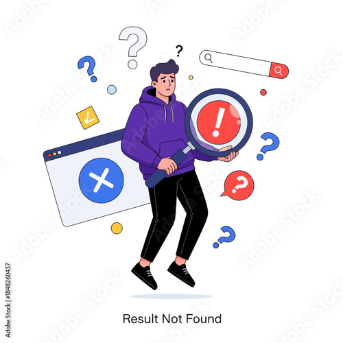Flat illustration of a confused man holding a magnifying glass with error warning, symbolizing search failure, result not found, troubleshooting, web error, problem solving, and user experience issues