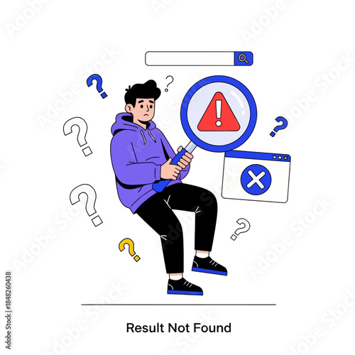 Flat illustration of a confused man holding a magnifying glass with error warning, symbolizing search failure, result not found, troubleshooting, web error, problem solving, and user experience issues