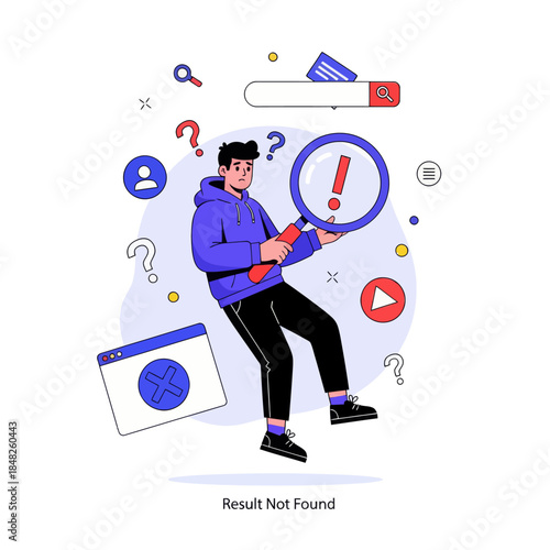 Flat illustration of a confused man holding a magnifying glass with error warning, symbolizing search failure, result not found, troubleshooting, web error, problem solving, and user experience issues