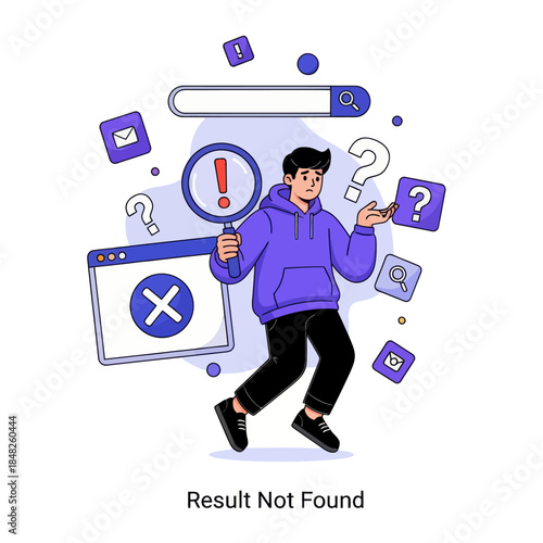 Flat illustration of a confused man holding a magnifying glass with error warning, symbolizing search failure, result not found, troubleshooting, web error, problem solving, and user experience issues