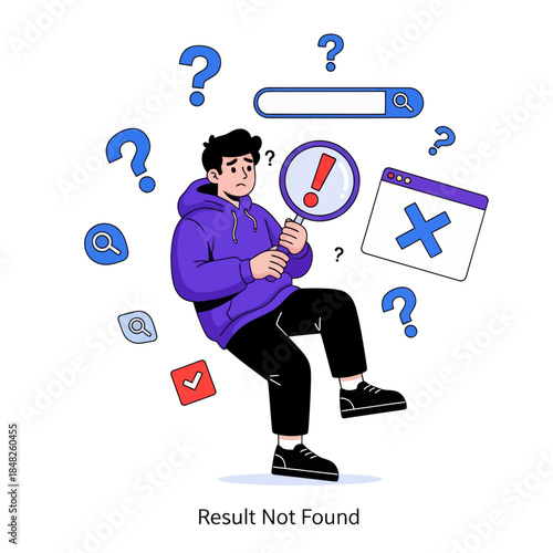 Flat illustration of a confused man holding a magnifying glass with error warning, symbolizing search failure, result not found, troubleshooting, web error, problem solving, and user experience issues
