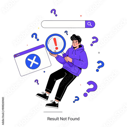 Flat illustration of a confused man holding a magnifying glass with error warning, symbolizing search failure, result not found, troubleshooting, web error, problem solving, and user experience issues
