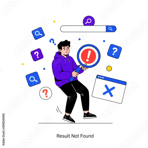 Flat illustration of a confused man holding a magnifying glass with error warning, symbolizing search failure, result not found, troubleshooting, web error, problem solving, and user experience issues