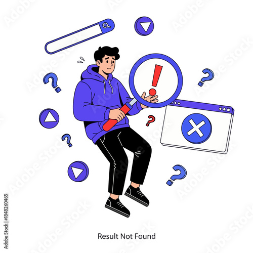 Flat illustration of a confused man holding a magnifying glass with error warning, symbolizing search failure, result not found, troubleshooting, web error, problem solving, and user experience issues