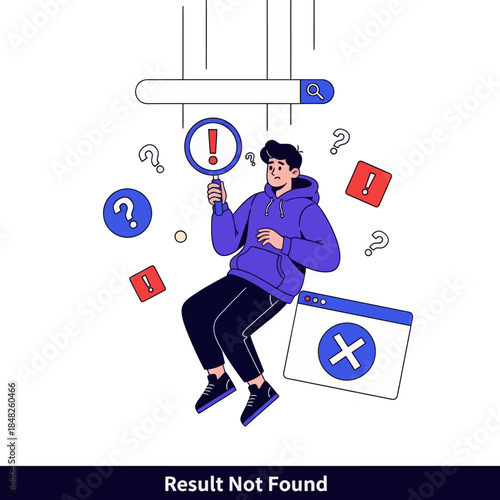 Flat illustration of a confused man holding a magnifying glass with error warning, symbolizing search failure, result not found, troubleshooting, web error, problem solving, and user experience issues