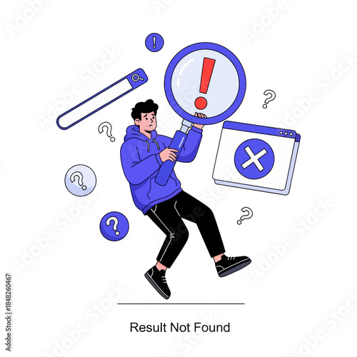 Flat illustration of a confused man holding a magnifying glass with error warning, symbolizing search failure, result not found, troubleshooting, web error, problem solving, and user experience issues